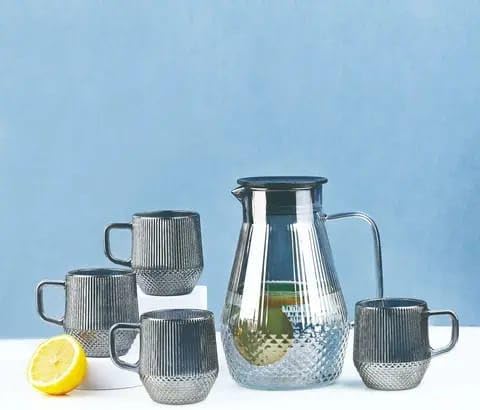 4 Stripes Mugs with Handle and Glass Carafe with Handle and Lid Drip Free Jug Infuser for Living Room,Drink mugs for Tea, milk, juice and hot & cold water