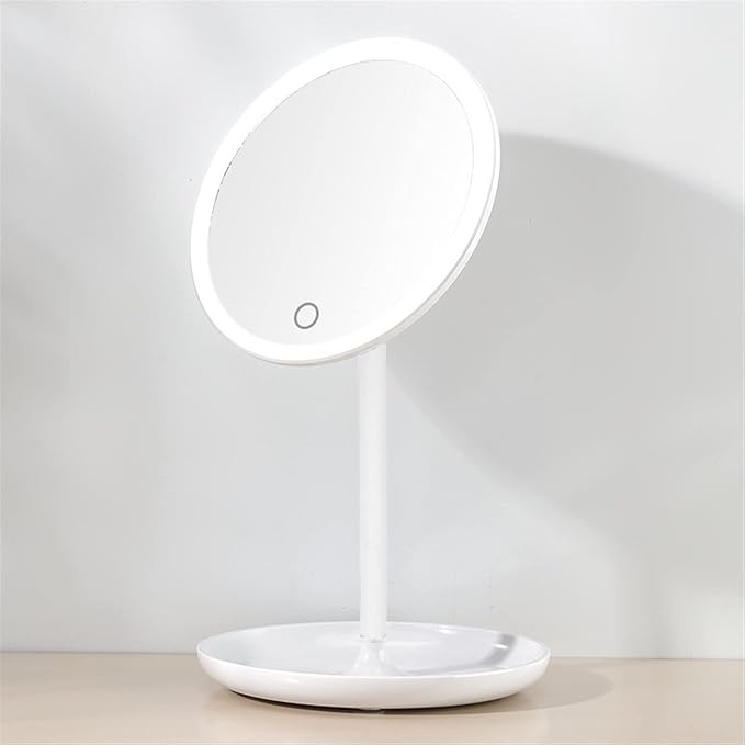 LED Makeup Mirror with Light Lamp with Storage Desktop Rotating Cosmetic Mirror Light Adjustable Dimming USB Vanity Mirror