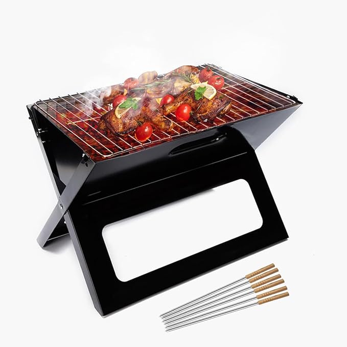 Foldable Barbecue Grill Set for Home + Skewer Set, Portable Briefcase Style, Free Standing Tandoori Griller for Outdoor Picnic Camping and Travel (Black)