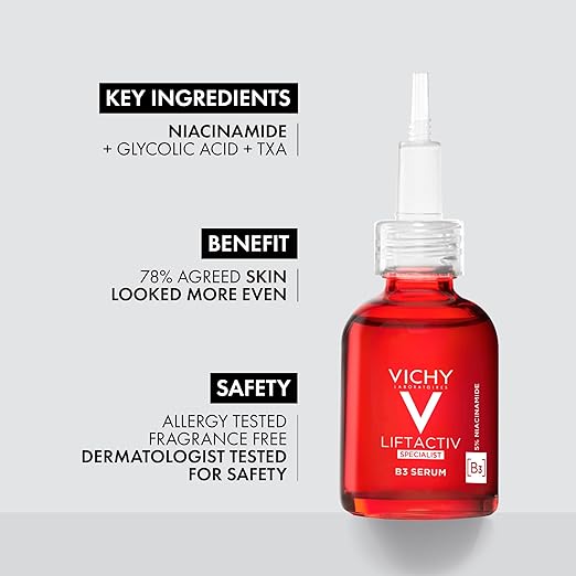Vichy LiftActiv B3 Serum 5% Niacinamide + Glycolic Acid + Tranexamic Acid + Peptides, Fades Dark Spots & Smooths Wrinkles In 8 Weeks, Discoloration Correcting Serum, Alcohol Free