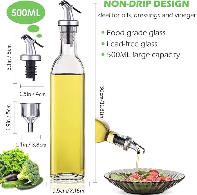 Oil Bottle,4 Pack Olive Oil Dispenser Glass Bottle Set, 17oz Cooking Oil and Vinegar Cruet Set for Kitchen,Non-Drip Oil Pour and Easy Pour Spout Set of 2