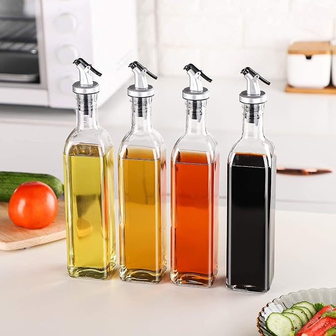 Oil Bottle,4 Pack Olive Oil Dispenser Glass Bottle Set, 17oz Cooking Oil and Vinegar Cruet Set for Kitchen,Non-Drip Oil Pour and Easy Pour Spout Set of 2