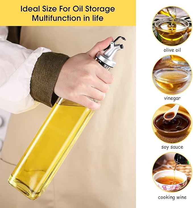 Oil Bottle,4 Pack Olive Oil Dispenser Glass Bottle Set, 17oz Cooking Oil and Vinegar Cruet Set for Kitchen,Non-Drip Oil Pour and Easy Pour Spout Set of 2