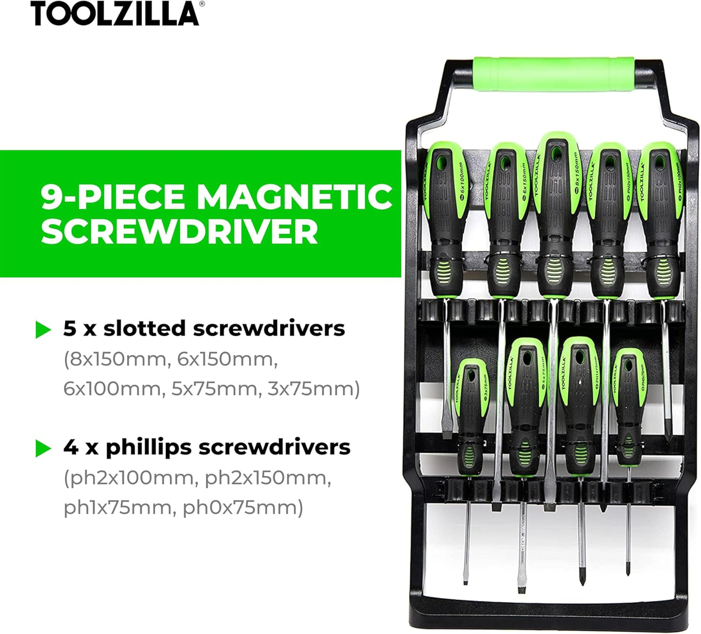 TOOLZILLA 9 pieces professional magnetic screwdriver set and carry case Compatible with flat head screwdriver, Pozidriv screwdriver