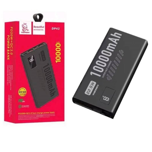 VDENMENV DP43 Power Bank 10000mAh 22.5W with 2 USB-A Ports and USB-C Port Black