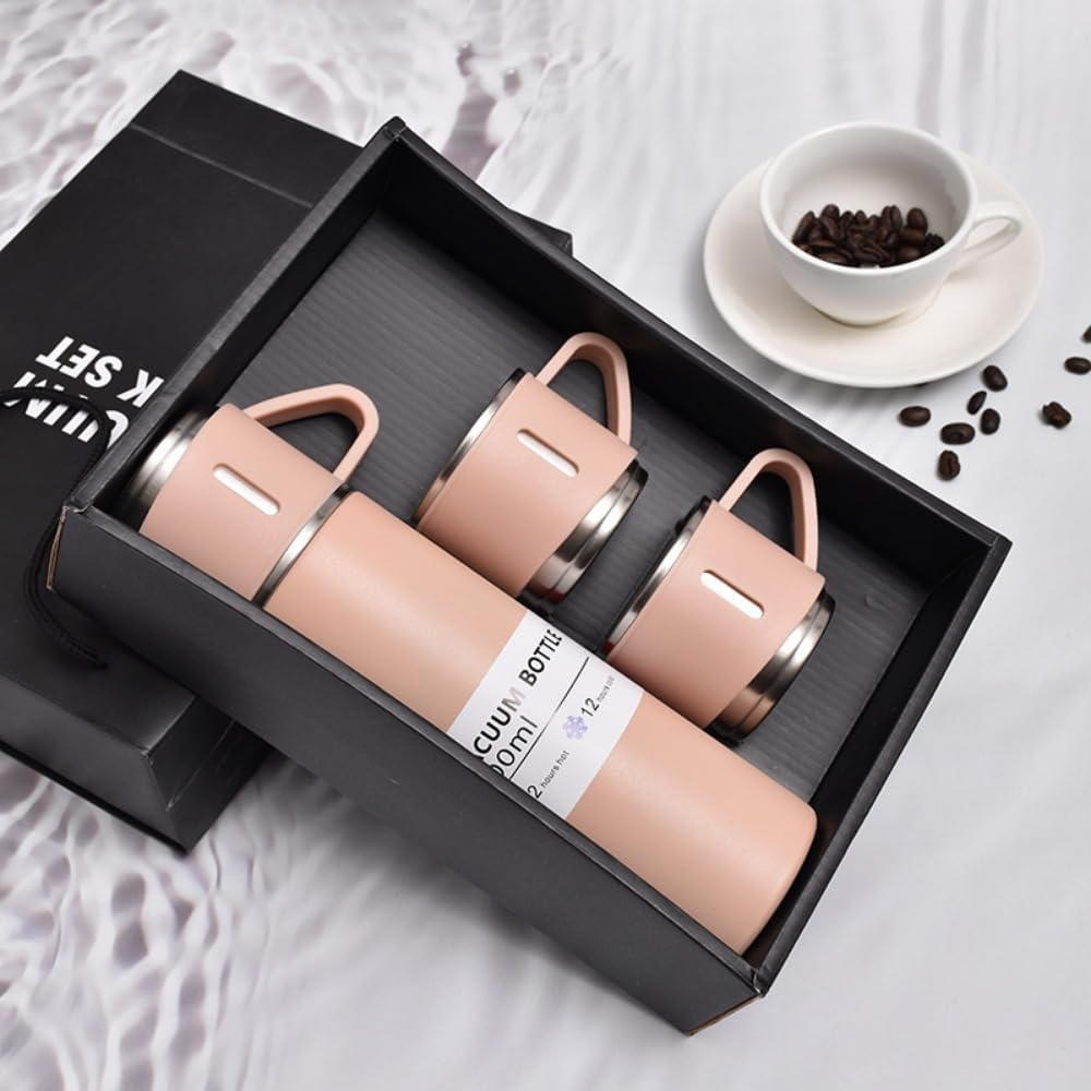500ML Stainless Steel Vacuum Flask Gift Set Office Business Style Thermos Bottle Outdoor Hot Water Thermal Insulation Couple Cup (Pink)