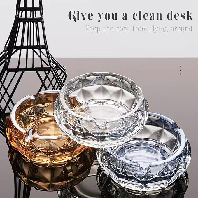 Crystal Glass Ashtray, Luxury Crystal Gray 5.9 Inch Round Tabletop Decoration